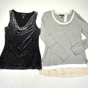 Lot of 2 WHBM Silver Tops Womens S Velvet Embossed Tank & L/S Ball Chain Tee
